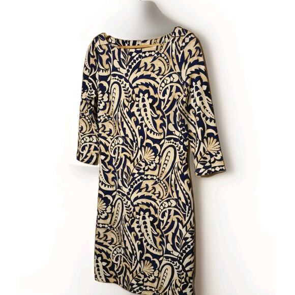 J. McLaughlin Imogen Sheath Dress, Size Small Knee Length Blue Cream Resort Wear - Picture 2 of 7